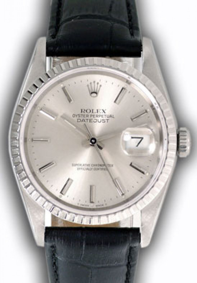 Rolex 16220 Steel on Strap, Finely Engine Turned Bezel Steel with Silver Index