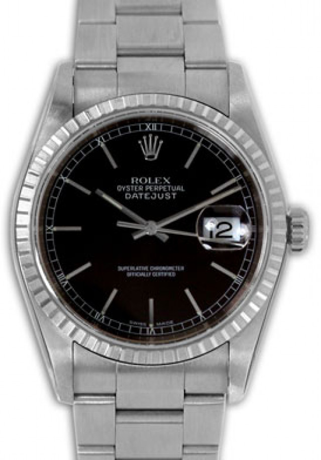Rolex 16220 Steel on Oyster, Finely Engine Turned Bezel Black with Silver Index & White Roman