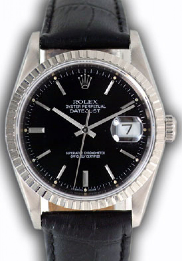 Rolex 16220 Steel on Strap, Finely Engine Turned Bezel Black with Silver Index