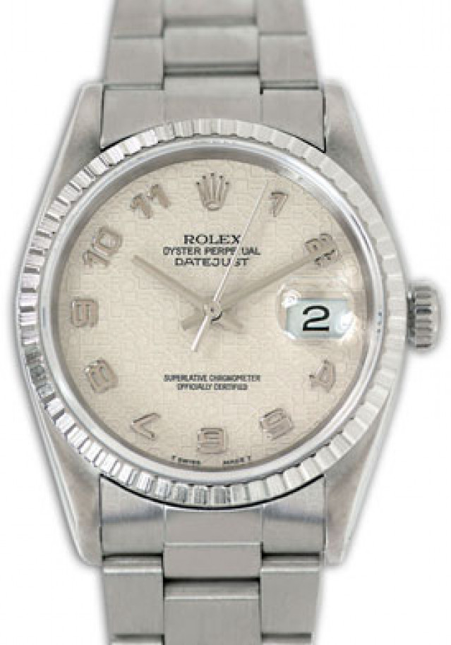 Rolex 16220 Steel on Oyster, Finely Engine Turned Bezel Ivory with Silver Arabic