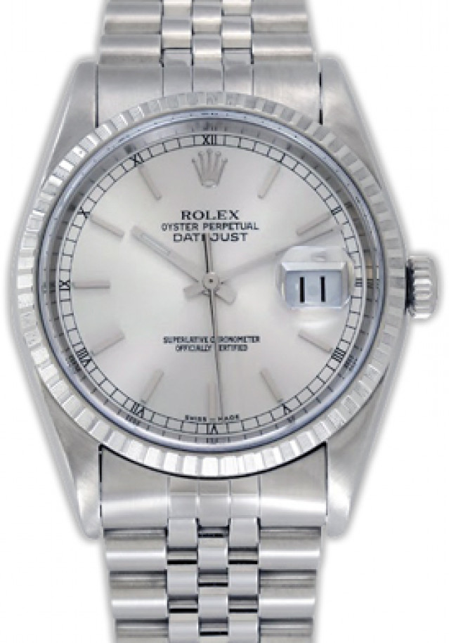 Rolex 16220 Steel on Jubilee, Finely Engine Turned Bezel White with Silver Index