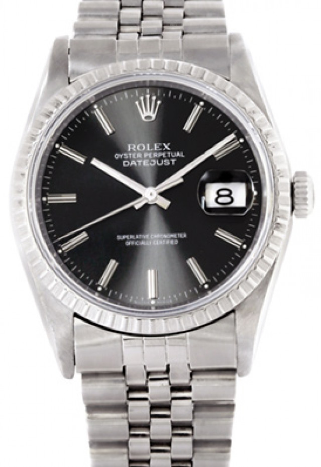 Rolex 16220 Steel on Jubilee, Finely Engine Turned Bezel Black with Silver Index