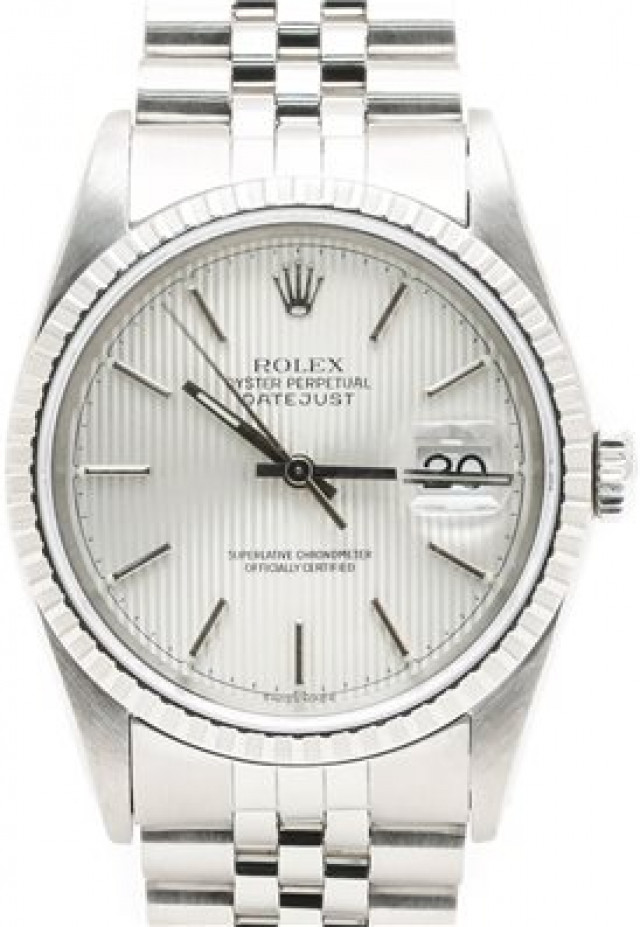 Rolex 16220 Steel on Jubilee, Finely Engine Turned Bezel Steel Tapestry with Silver Index