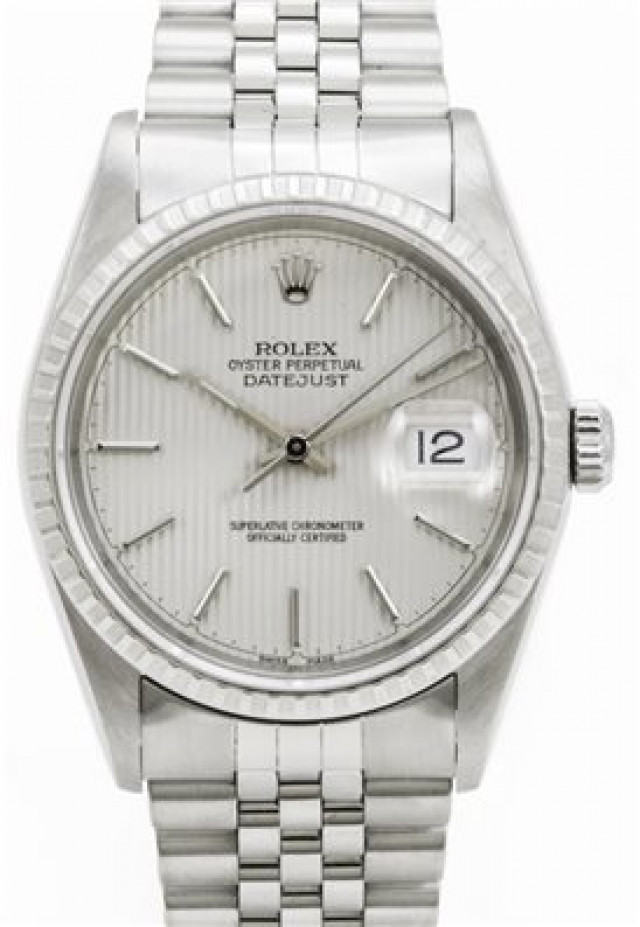 Rolex 16220 Steel on Jubilee, Finely Engine Turned Bezel Silver Tapestry with Silver Index