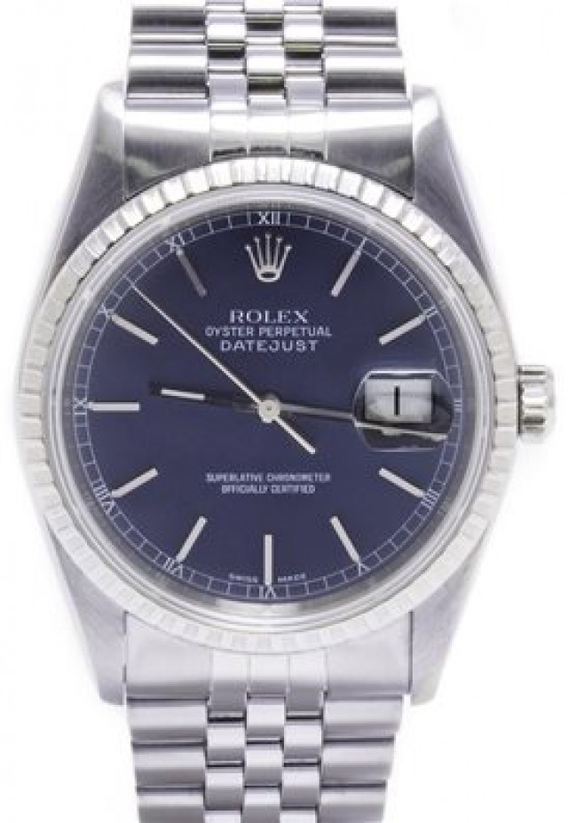 Rolex 16220 Steel on Jubilee, Finely Engine Turned Bezel Blue with Silver Index