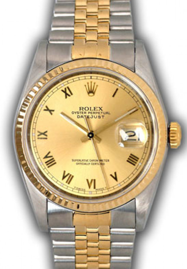 Rolex 16233 Yellow Gold & Steel on Oyster, Fluted Bezel Champagne with Gold Roman