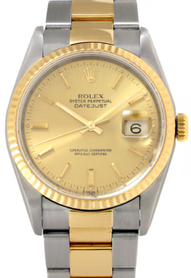Rolex 16233 Yellow Gold & Steel on Strap, Fluted Bezel Champagne with Gold Index