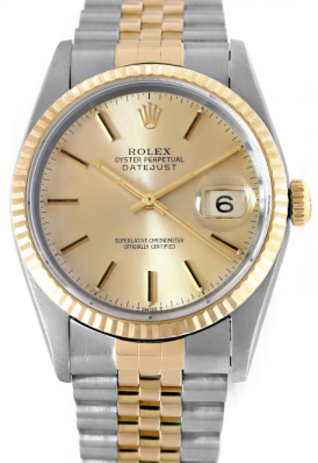 Rolex 16233 Yellow Gold & Steel on Jubilee, Fluted Bezel Champagne with Black Index