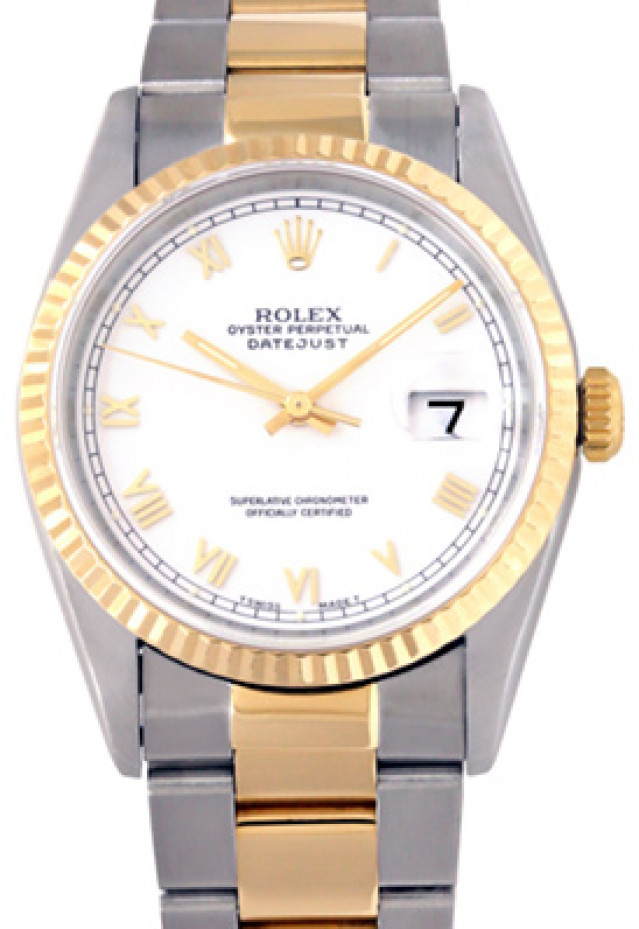 Rolex 16233 Yellow Gold & Steel on Oyster, Fluted Bezel White with Gold Roman