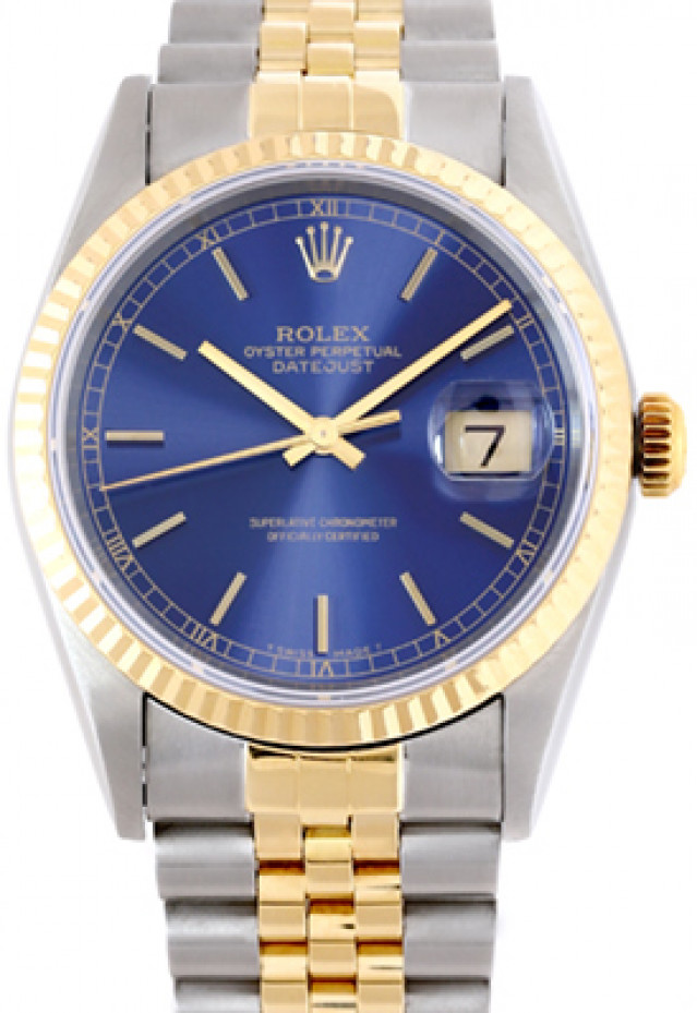 Rolex Datejust 16233 36 mm with Gold Index on Blue