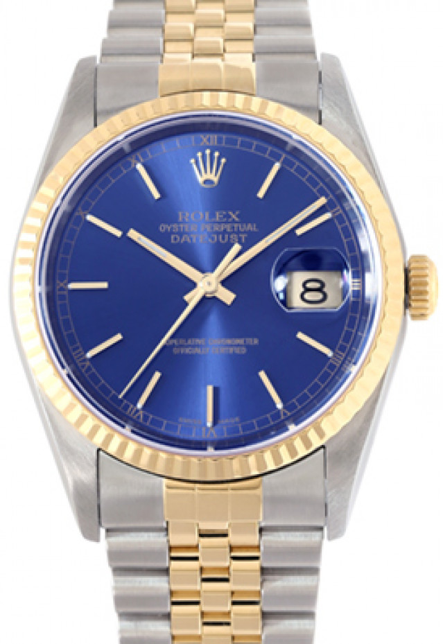 Rolex Datejust 16233 36 mm Fluted Gold Index on Blue Dial