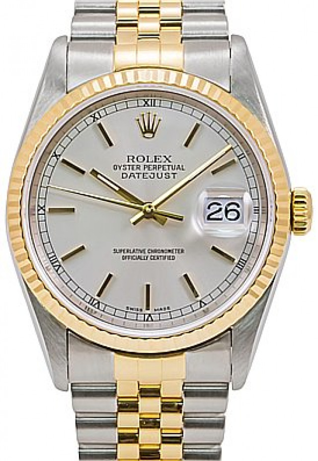 Rolex 16233 Yellow Gold & Steel on Jubilee, Fluted Bezel Silver with Gold Index