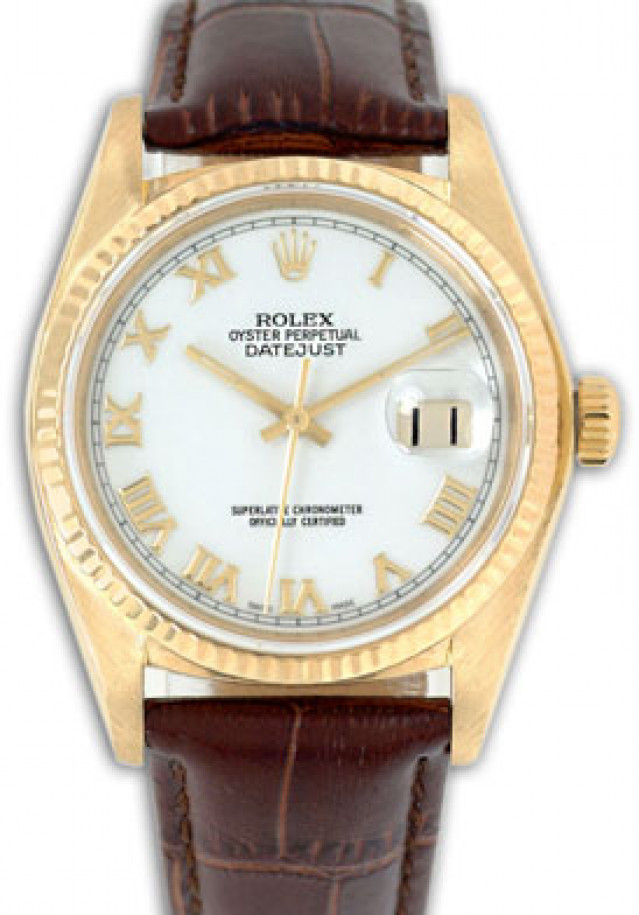 Rolex 16238 Yellow Gold on Strap, Fluted Bezel White with Gold Roman