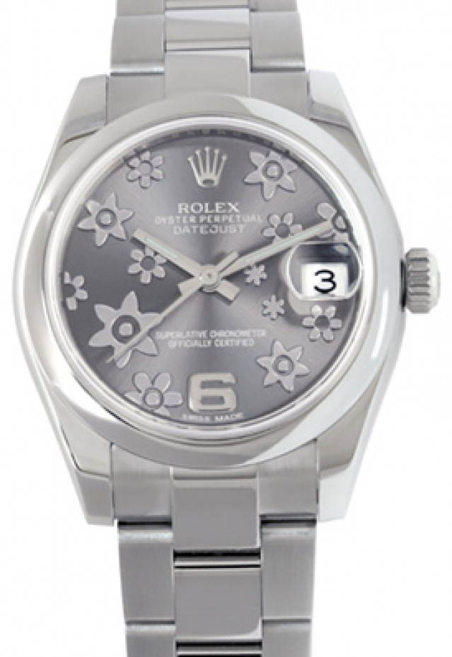 Rolex 178240 Steel on Oyster, Smooth Bezel Steel Rhodium, Floral with Silver Arabic 6 & Flowers