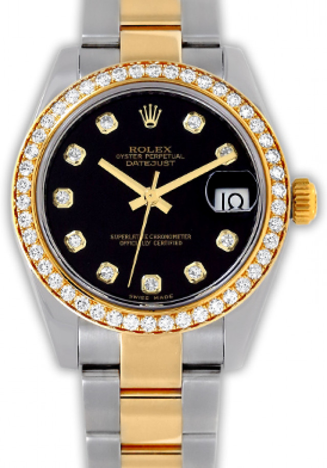 Rolex 178383 Yellow Gold & Steel on Oyster, Diamond Bezel Black Diamond Dial