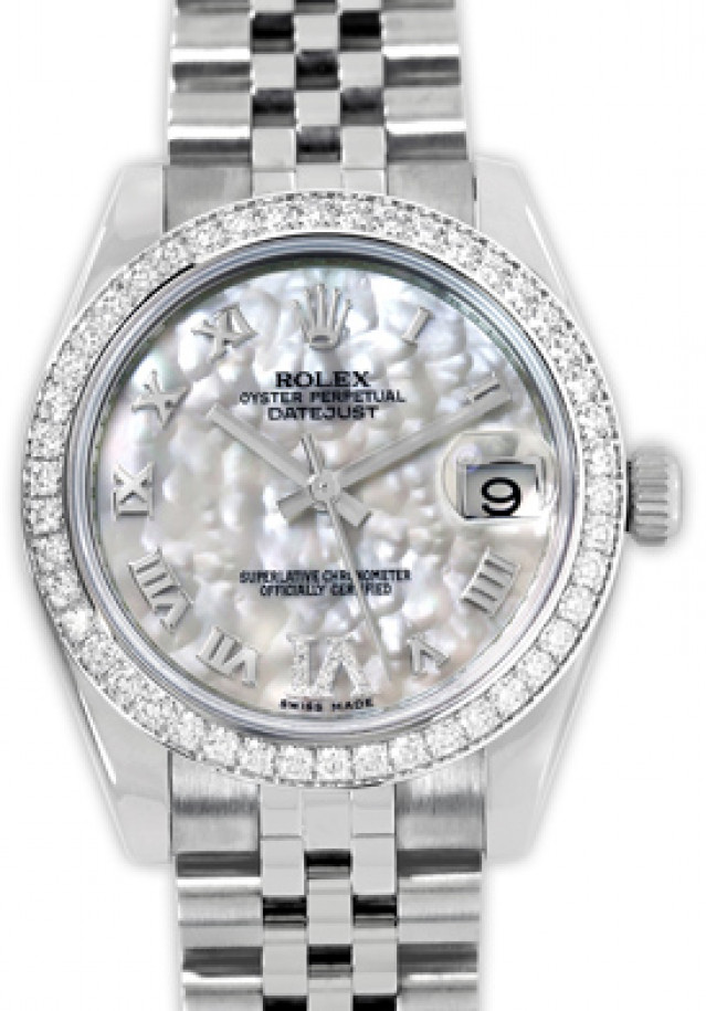 Rolex 178384 White Gold & Steel on Jubilee, Diamond Bezel White Mother Of Pearl with Silver Roman