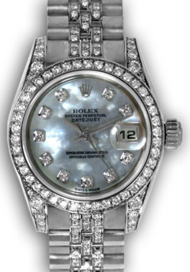 Rolex 179159 White Gold on Oyster, Diamond Bezel Mother Of Pearl White Diamond Dial