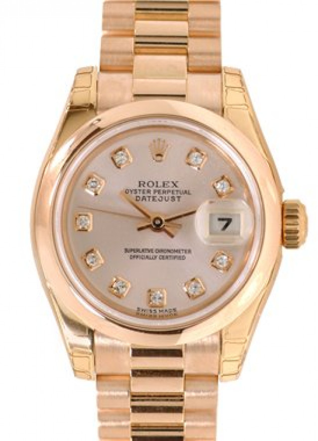 Rolex 179165 Rose Gold on President, Smooth Bezel Rose Diamond Dial