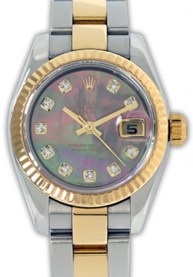 Rolex 179173 Yellow Gold & Steel on Oyster, Fluted Bezel Mother Of Pearl Black Diamond Dial