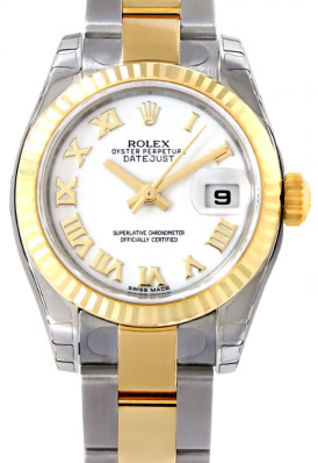 Rolex 179173 Yellow Gold & Steel on Oyster, Fluted Bezel White with Gold Roman