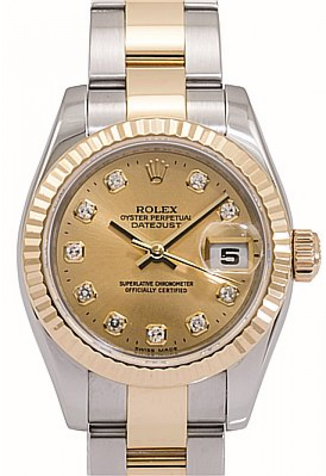 Rolex 179173 Yellow Gold & Steel on Oyster, Fluted Bezel Champagne Diamond Dial