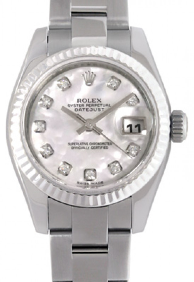 Rolex 179174 White Gold & Steel on Oyster Mother Of Pearl White Diamond Dial