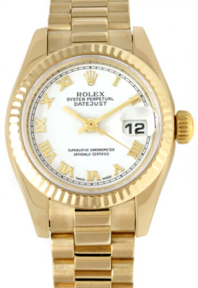 Rolex 179178 Yellow Gold on President, Fluted Bezel White with Gold Roman