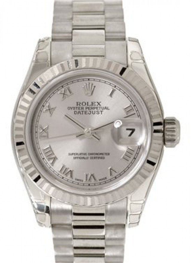 Rolex 179179 White Gold on President, Fluted Bezel Steel with Silver Roman