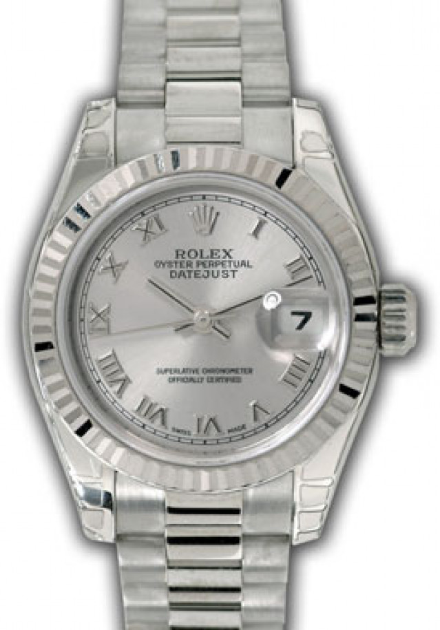 Rolex 179179 White Gold on President, Fluted Bezel Rhodium with Silver Roman