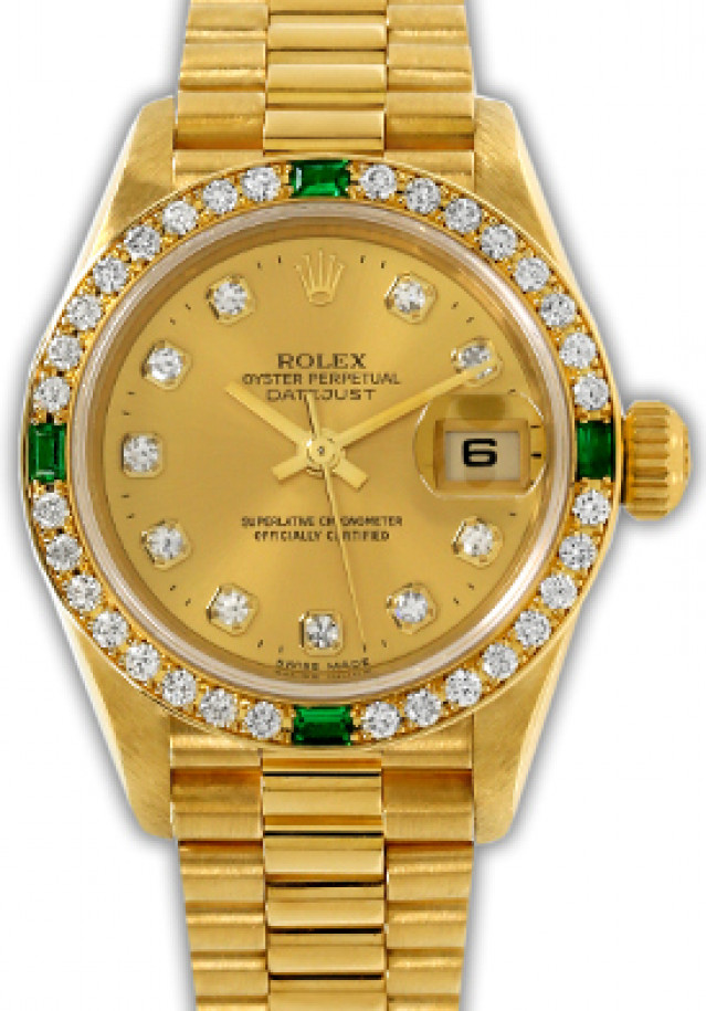 Rolex 69078 Yellow Gold on President, Diamonds & Emeralds Bezel Champagne Diamond Dial