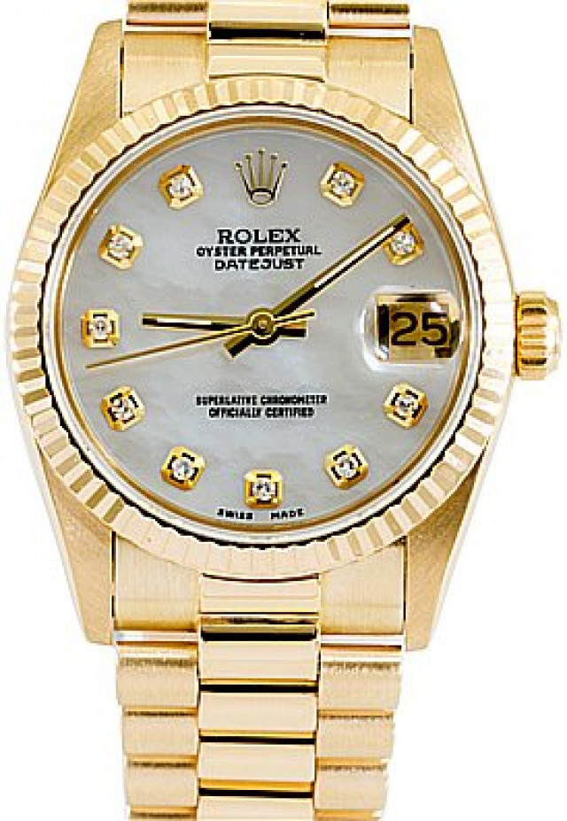 Rolex 68278 Yellow Gold on President, Fluted Bezel Mother Of Pearl White Diamond Dial