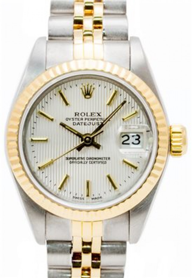 Rolex 69173 Yellow Gold & Steel on Jubilee, Fluted Bezel Silver Tapestry with Gold index