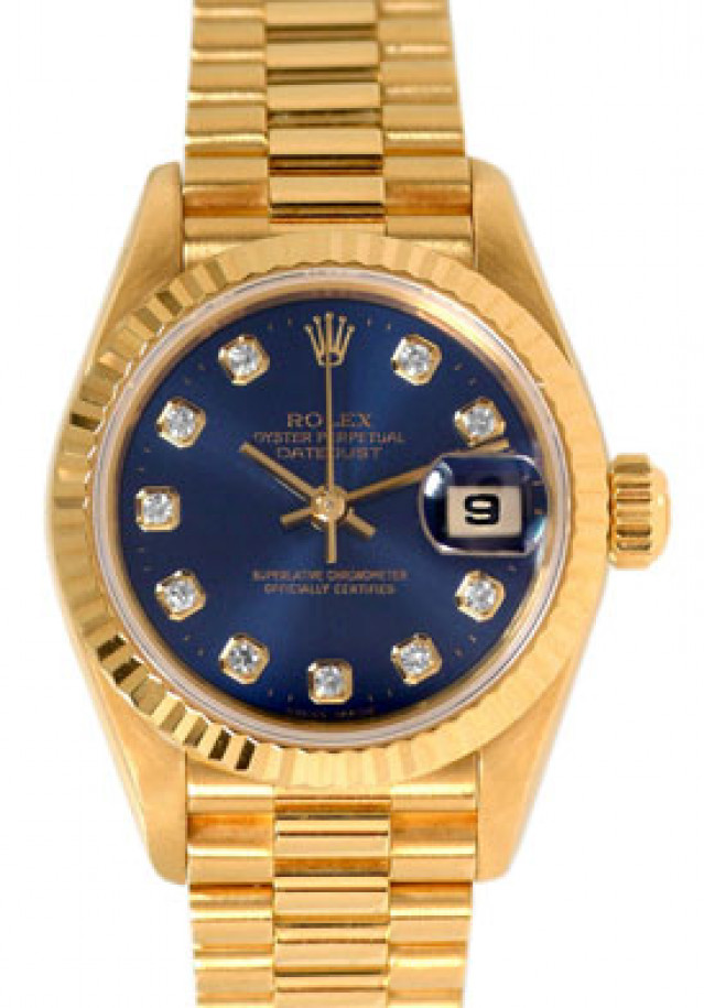 Rolex 69178 Yellow Gold on President, Fluted Bezel Blue Diamond Dial