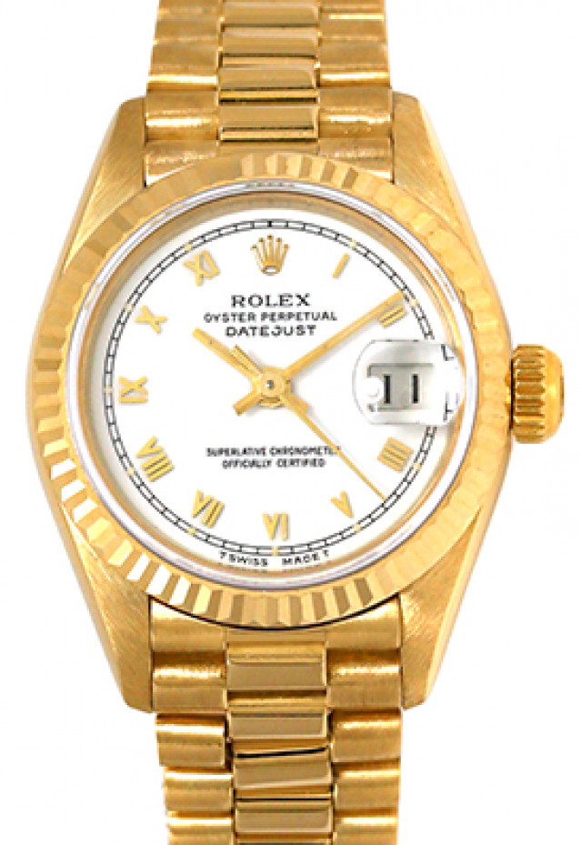 Rolex 69178 Yellow Gold on President, Fluted Bezel White with Gold Roman