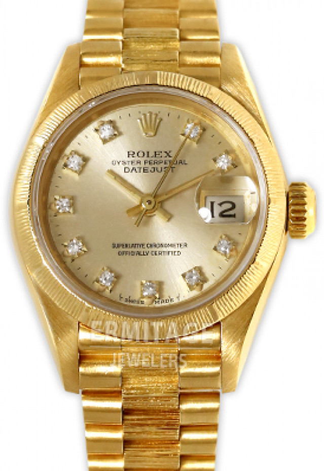 Rolex 69278 Yellow Gold on President With Bark Finish, Fluted Bezel Champagne Diamond Dial