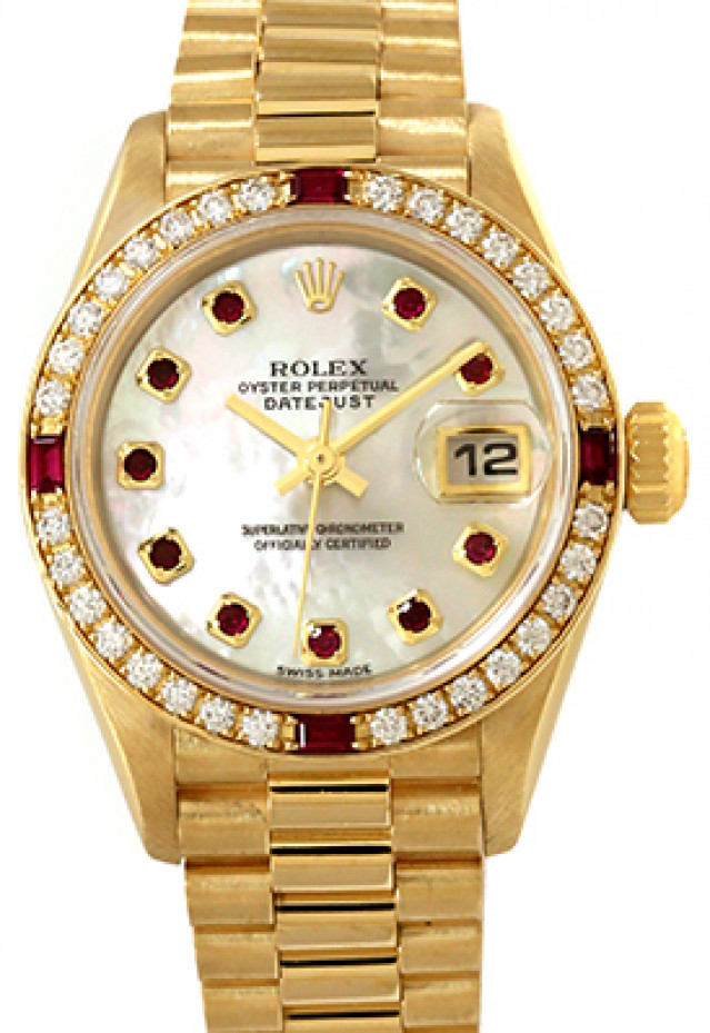 Rolex 79068 Yellow Gold on President, Diamonds, Rubies Bezel Mother Of Pearl White Diamond Dial