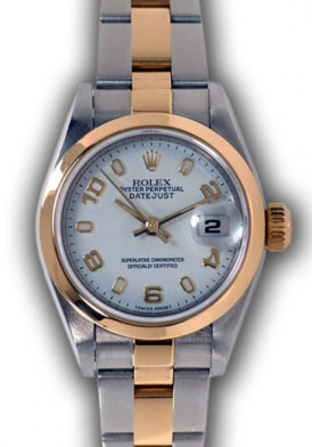 Rolex 79163 Yellow Gold & Steel on Oyster, Smooth Bezel White with Gold Arabic & Luminous Index