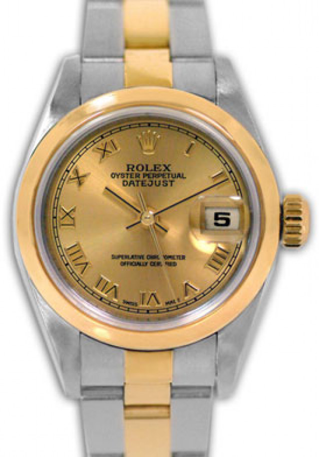 Rolex 79163 Yellow Gold & Steel on Oyster, Smooth Bezel Champagne with Gold Roman