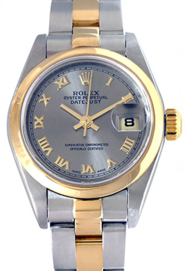 Rolex 79163 Yellow Gold & Steel on Oyster, Smooth Bezel Dark Grey with Gold Roman