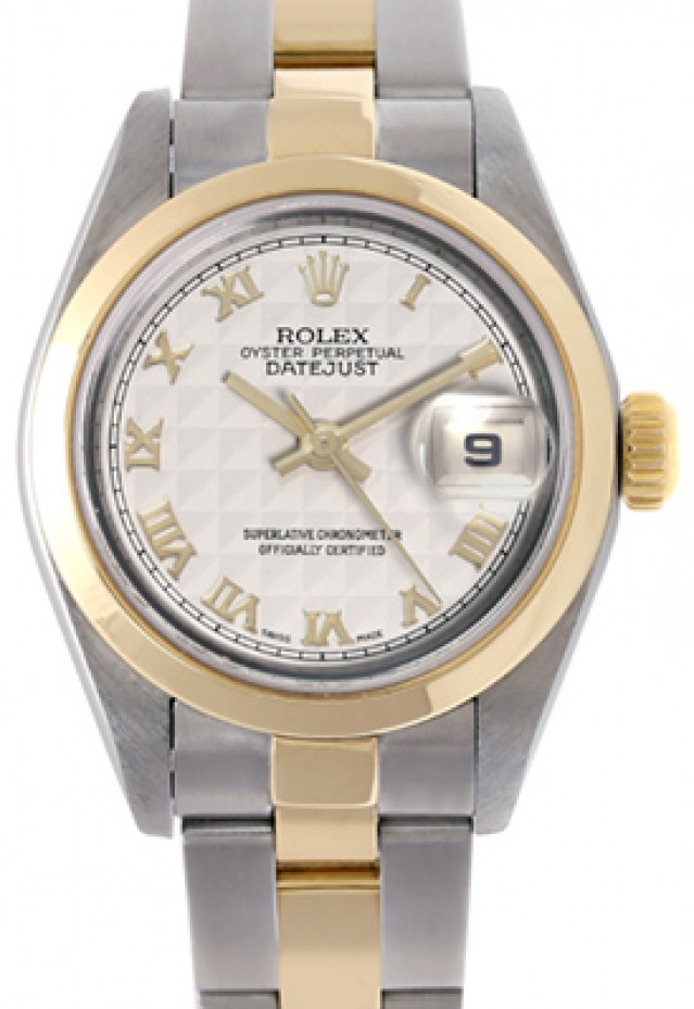 Rolex 79163 Yellow Gold & Steel on Oyster, Smooth Bezel Ivory Pyramid with Gold Roman