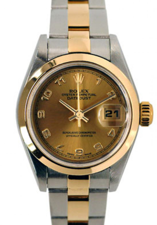 Rolex 79173 Yellow Gold & Steel on Oyster, Smooth Bezel Champagne with Gold Roman