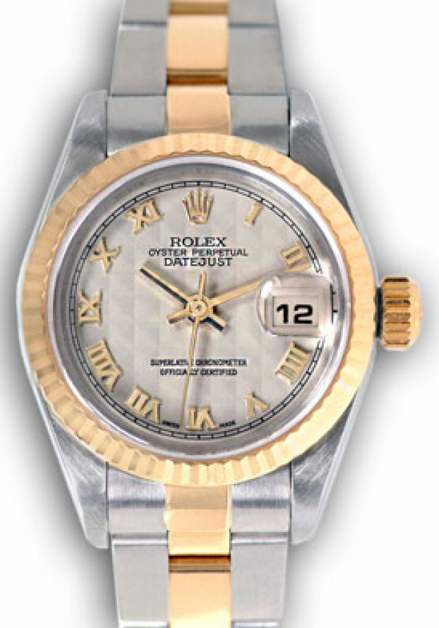 Rolex 79173 Yellow Gold & Steel on Oyster, Fluted Bezel White with Gold Roman