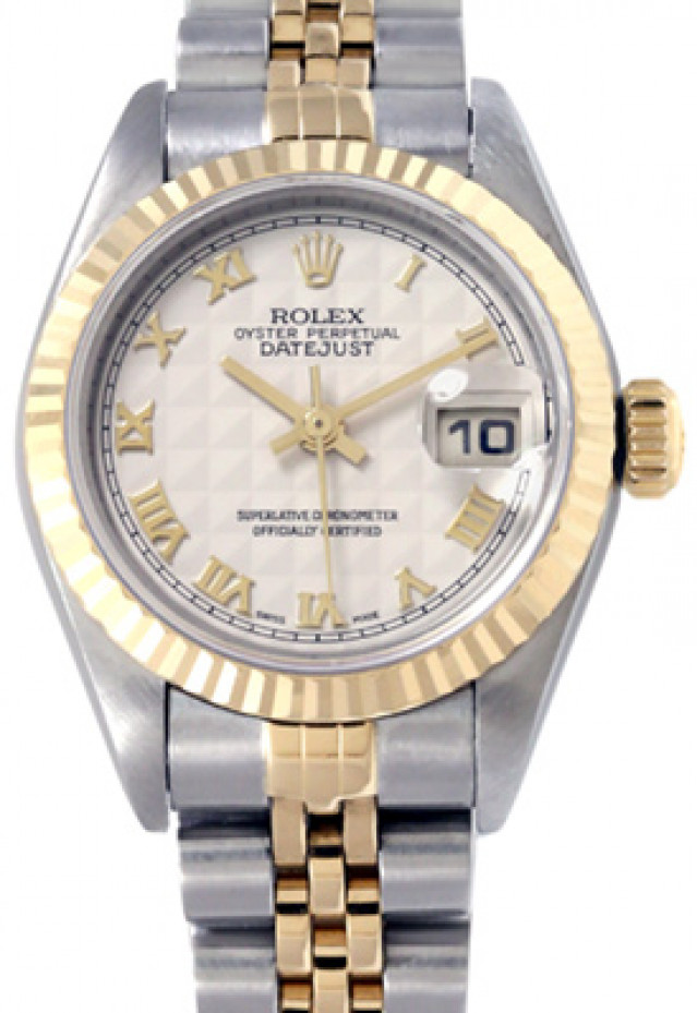 Rolex 79173 Yellow Gold & Steel on Jubilee, Fluted Bezel Ivory Pyramid with Gold Roman