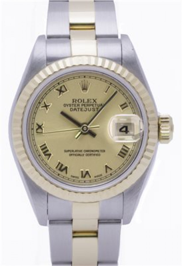 Rolex 79173 Yellow Gold & Steel on Jubilee, Fluted Bezel Champagne with Black Roman