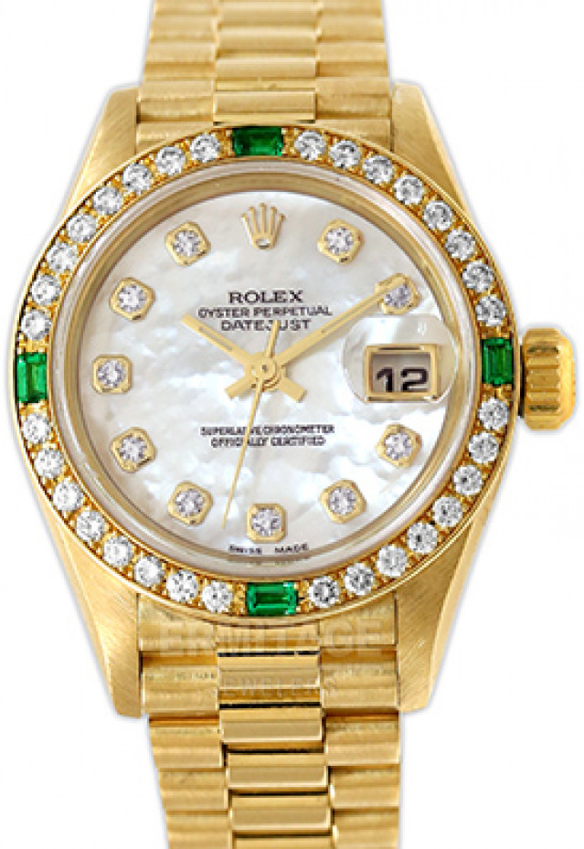 Rolex 79178 Yellow Gold on President, Diamonds & Emeralds Bezel White Diamond Dial