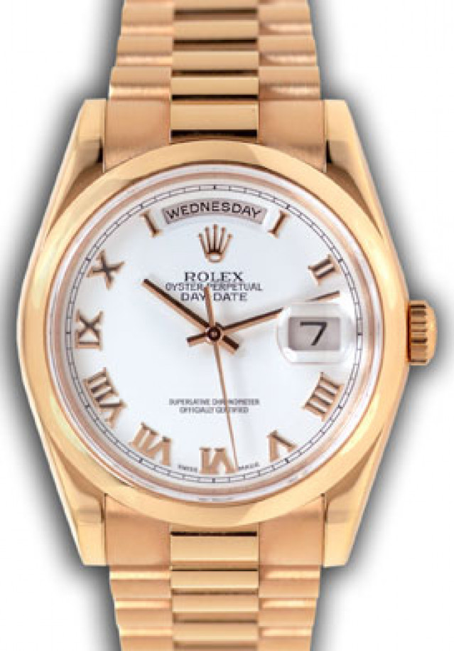 Rolex 118205 Rose Gold on President, Fluted Bezel White with Gold Roman