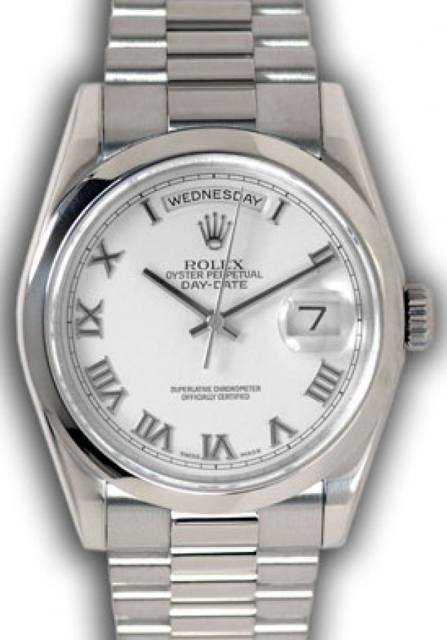 Rolex 118209 White Gold on President, Smooth Bezel White with Silver Roman
