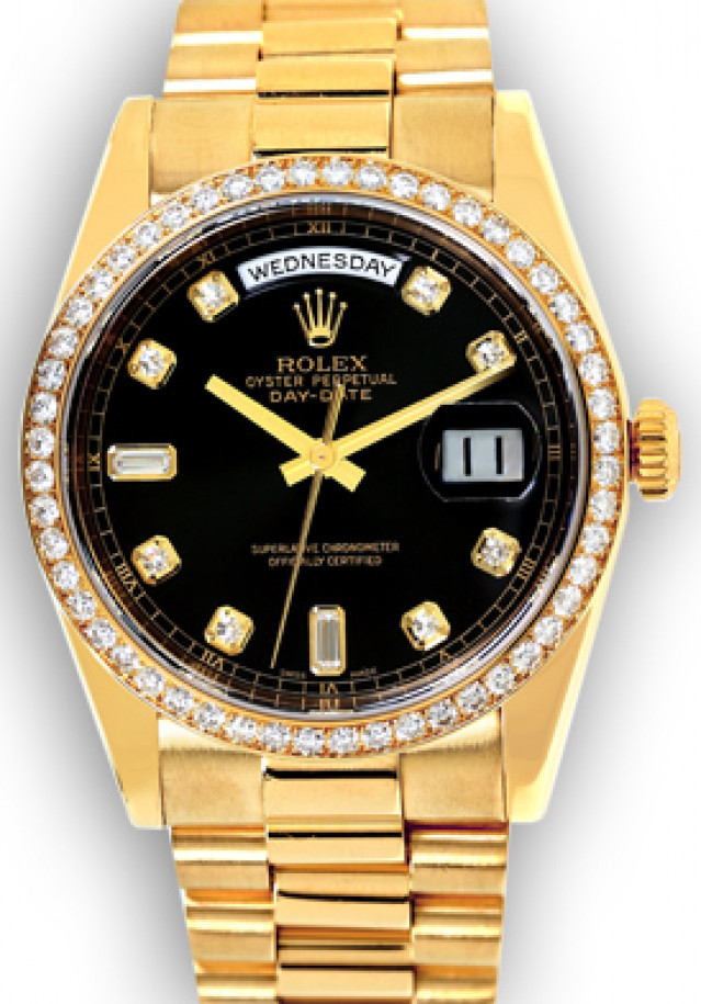 Rolex 118238 Yellow Gold on President, Diamond Bezel Black Diamond Dial