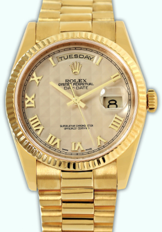 Rolex 118238 Yellow Gold on President, Fluted Bezel Ivory with Gold Roman