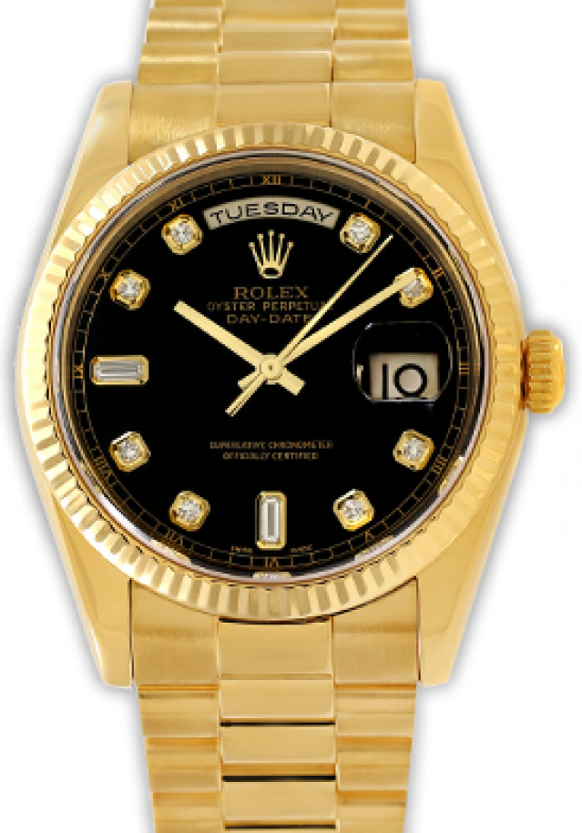 Rolex 118238 Yellow Gold on President, Fluted Bezel Black Diamond Dial
